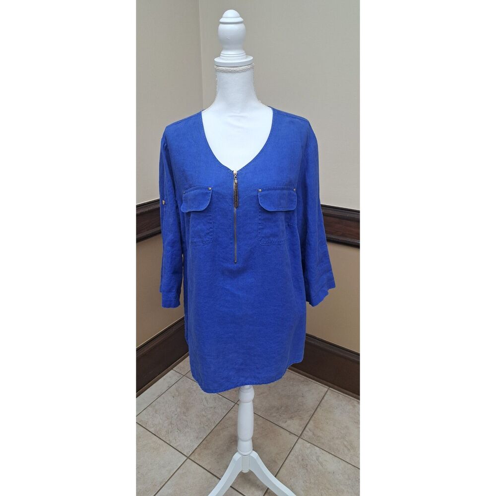 Ellen Tracy Blue Linen Tunic Top – Size 1X- classic, polished, vacation